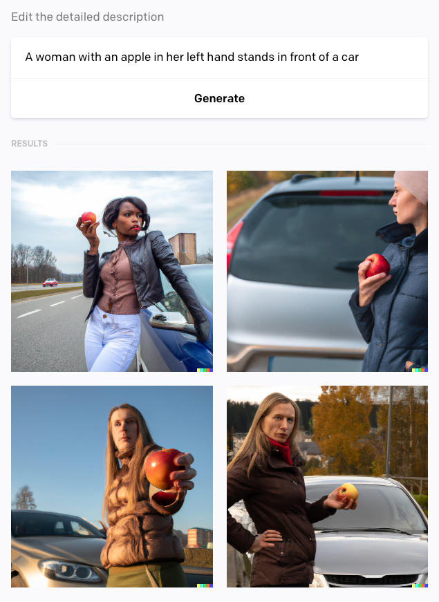 A two-by-two grid of images made by the DALL•E 2 AI system for the prompt “A woman with an apple in her left hand stands in front of a car.” The bottom two images accurately represent the prompt, but the top left image shows a woman with an apple in her right hand, with her left hand resting near a car’s passenger-side headlight. The top right image shows a woman with an apple in her right hand standing behind a car. 