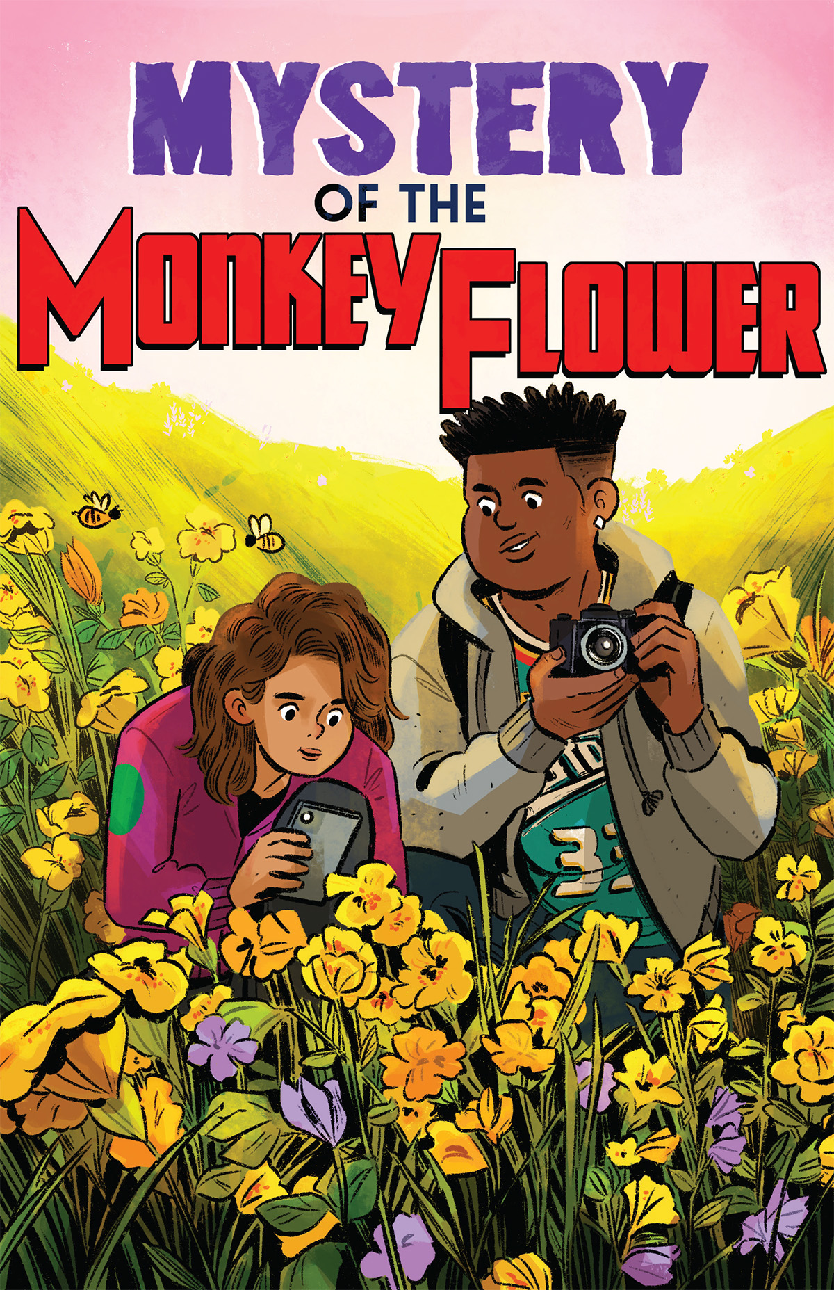 The cover of a comic book called “Mystery of a Monkeyflower.” It shows two young researchers standing in a field of yellow monkeyflowers.