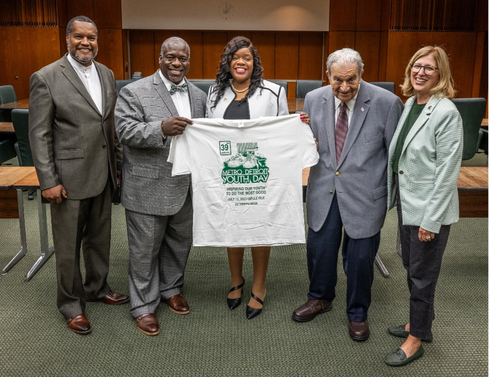 Pictured left to right: Dave Weatherspoon, vice provost for academic strategic planning at MSU; John Ambrose, director of admissions at MSU; LaJoyce Brown, director of Admissions at Eastern Michigan University; MSU alumnus Edward Deeb, founder and president of the Michigan Youth Appreciation Foundation; Teresa K. Woodruff, Ph.D., interim president of MSU.