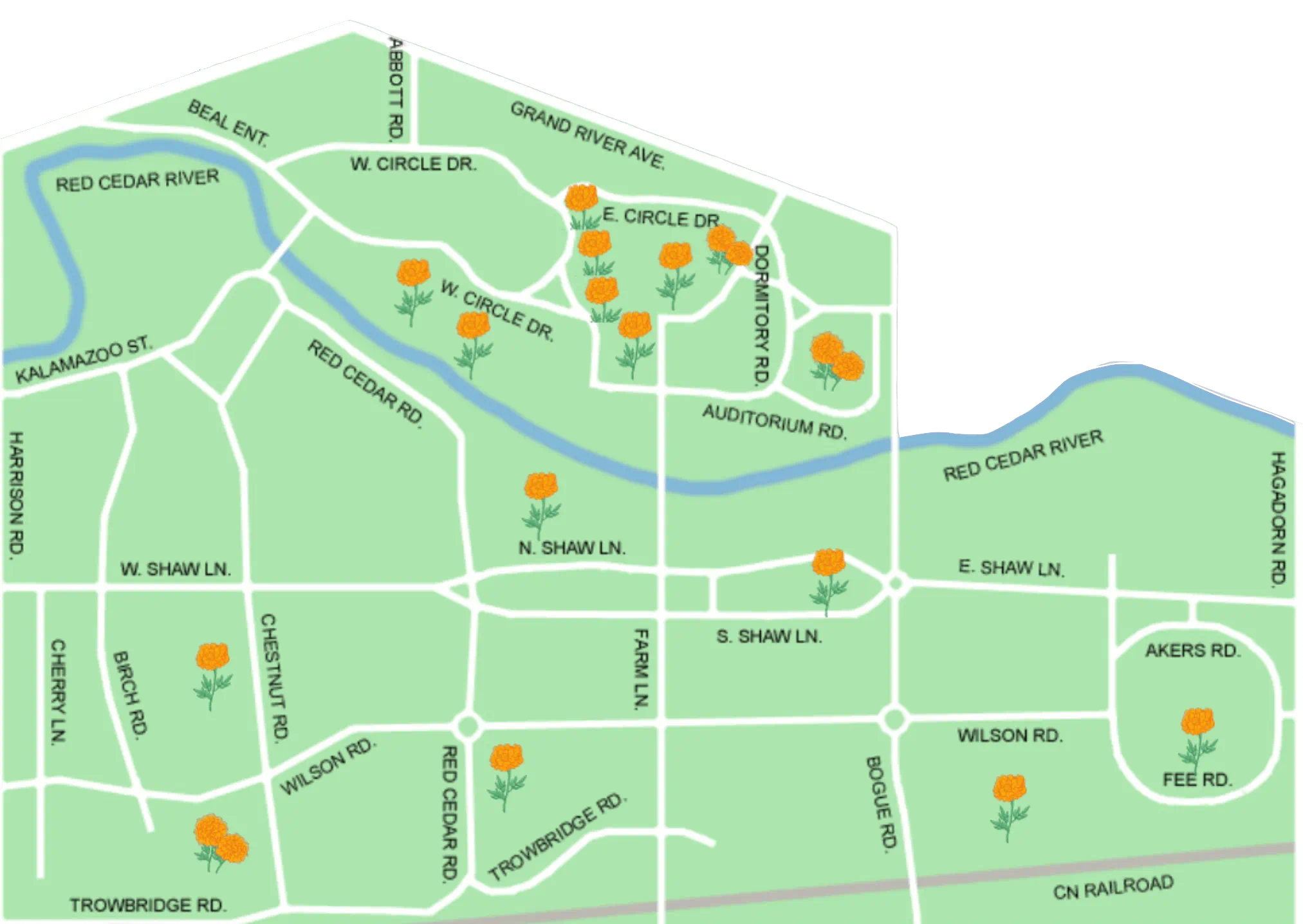 Michigan State campus map with marigolds showing the location of each Day of the Dead altar.