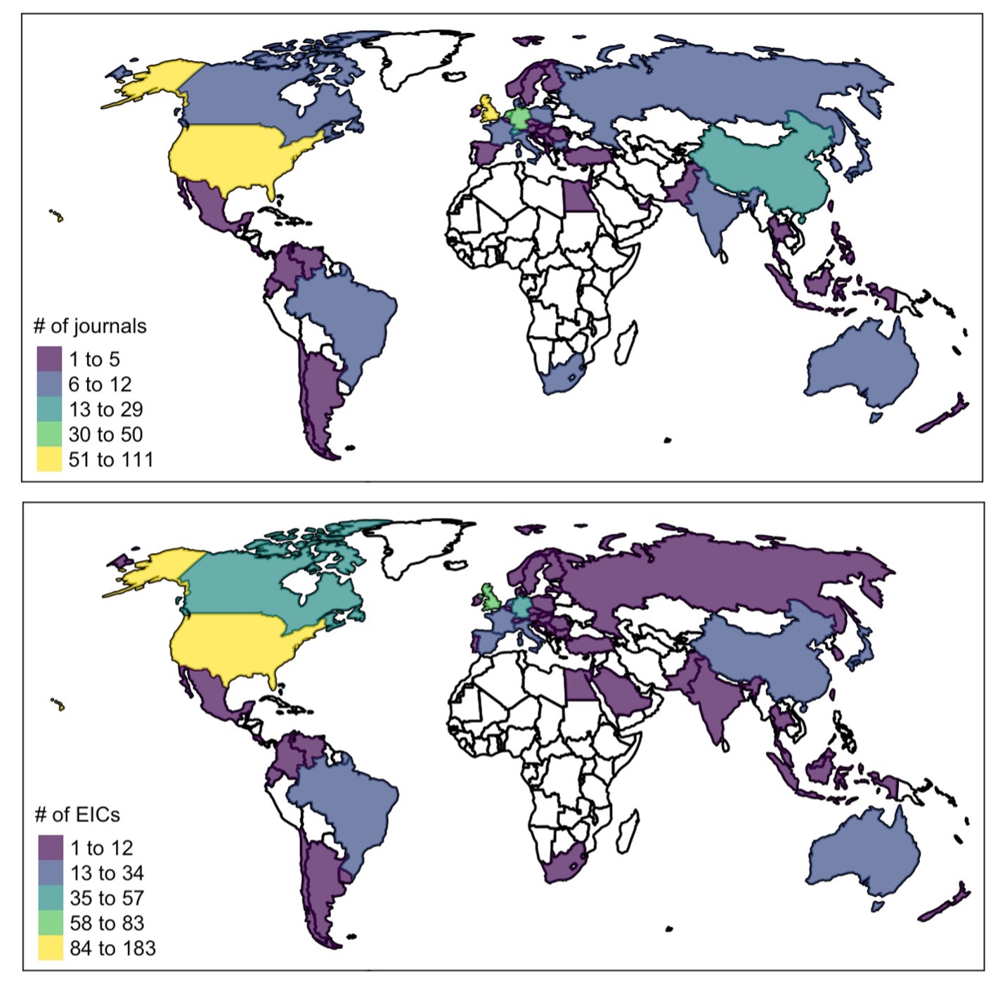 Journals and Editors-in-Chief are concentrated in few countries