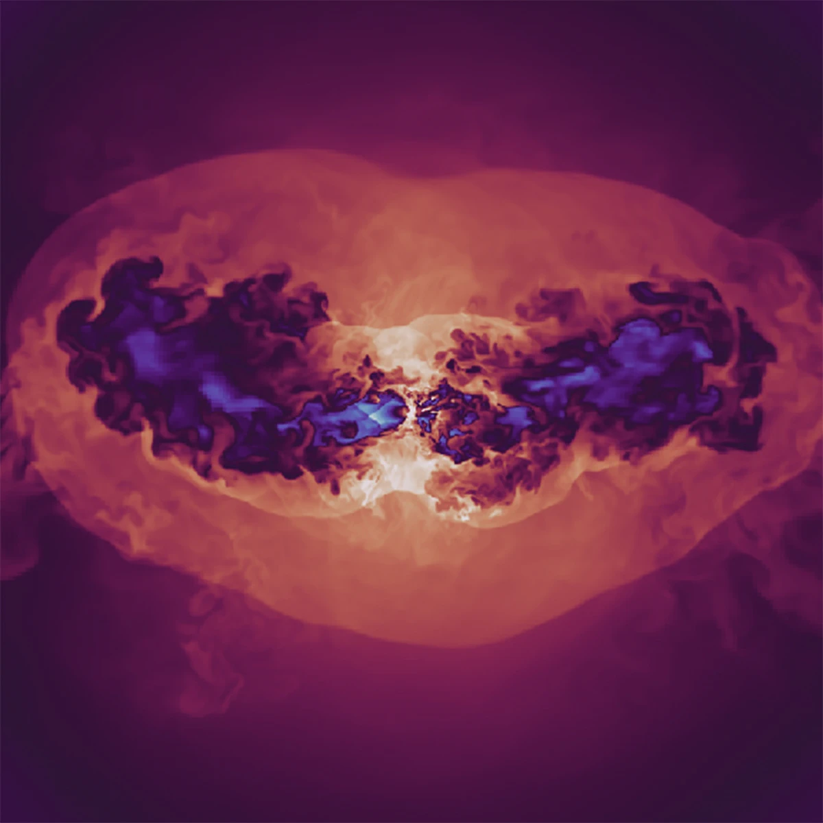 A computer simulation of a galaxy shows blueish-purple structures that look like clouds streaming from a central black hole. These are high-energy jets that stir up the plasma atmosphere permeating the galaxy, shown in shades of yellow, orange and red.