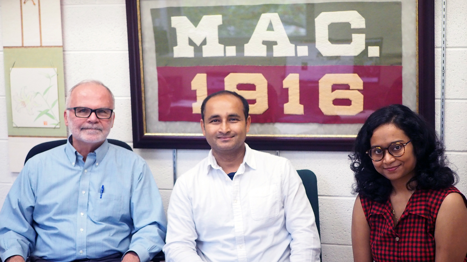 University Distinguished Professor Thomas Sharkey, Assistant Professor Mohammad Mostofa and postdoctoral research associate Abira Sahu (left to right) sit in Sharkey’s office.