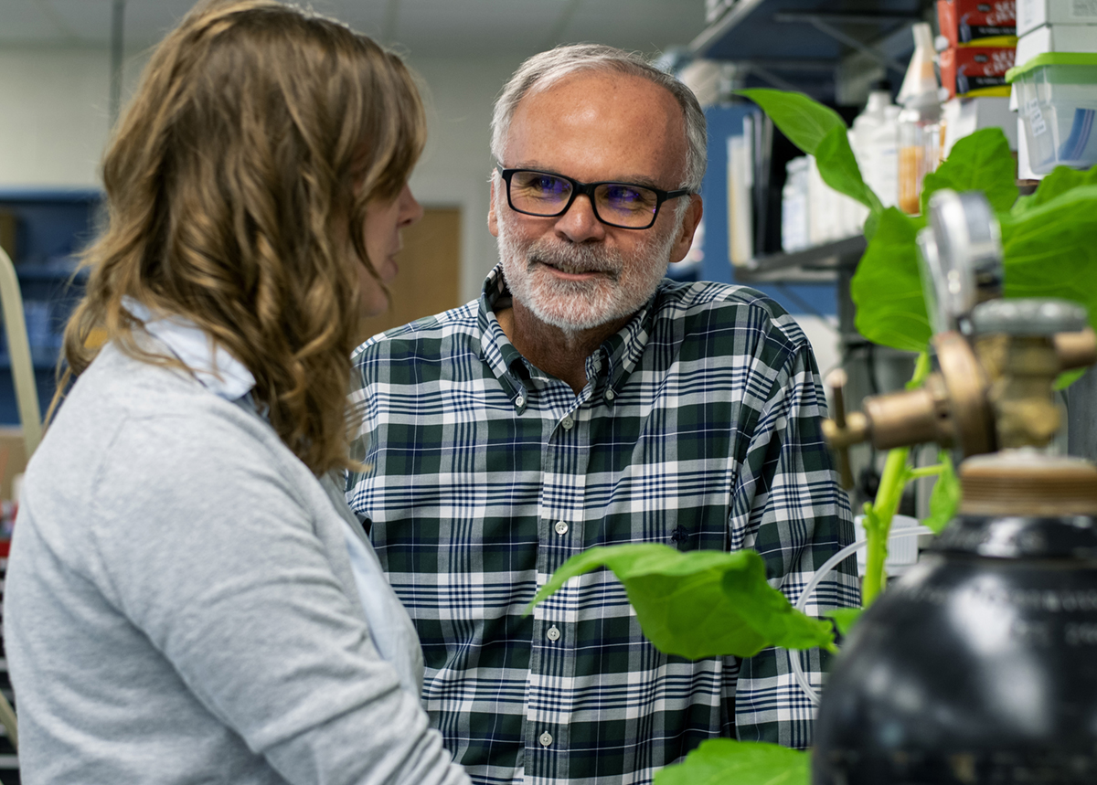 Standing near a plant and lab equipment, Tom Sharkey talks to a member of his research team at Michigan State University. 