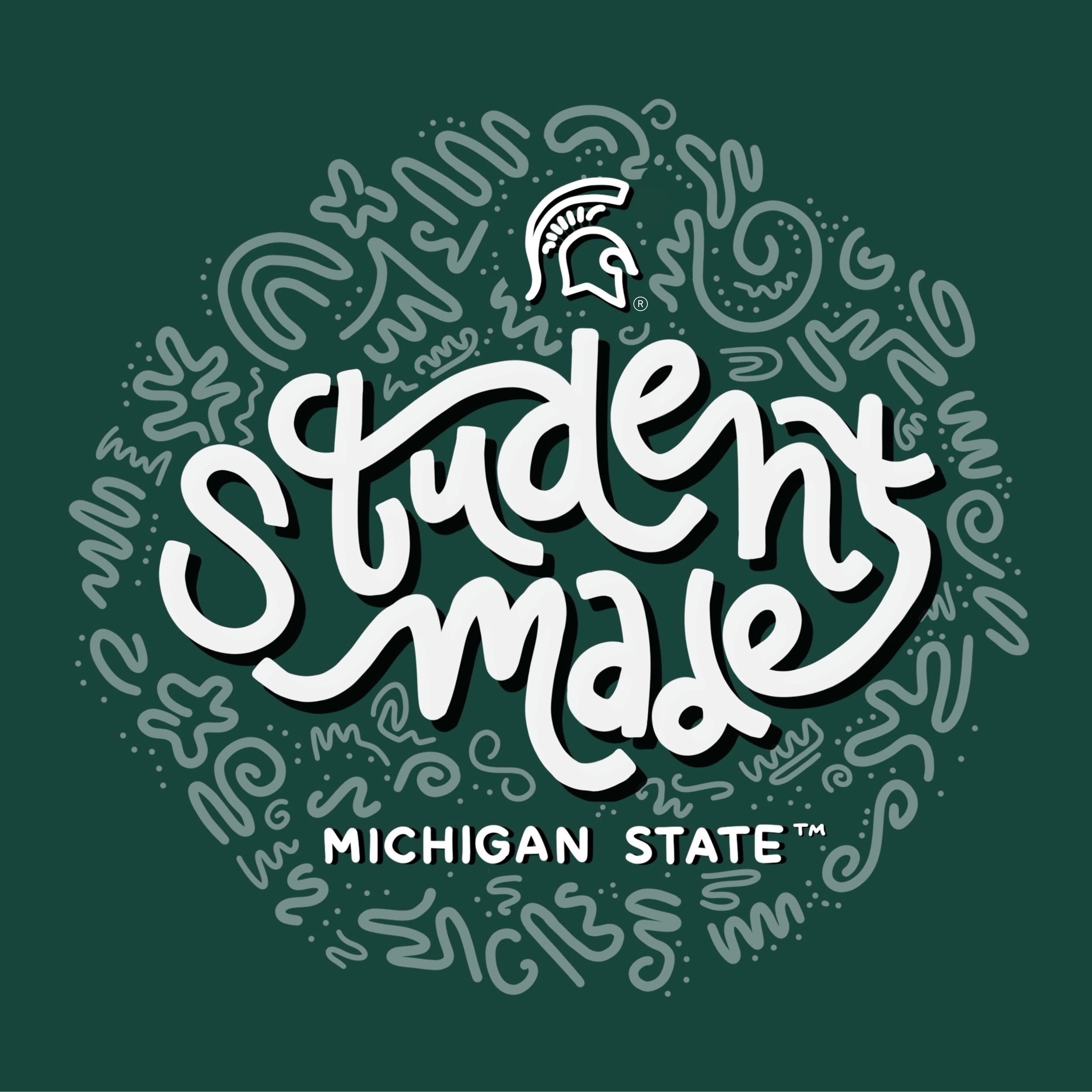 A logo of a green background with white doodles of a Spartan helmet and the text: Student Made, Michigan State