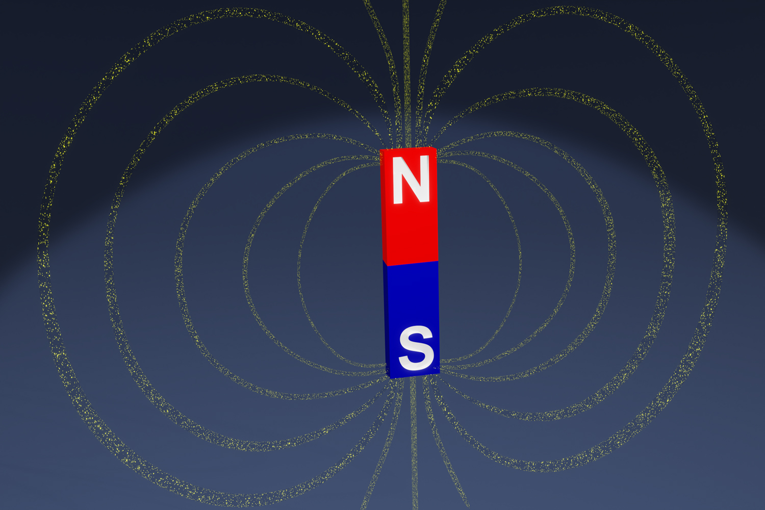 A 3D computer rendering shows a bar magnet. To show its north and south poles, respectively, its upper half is red and labeled with an “N,” while its lower half is blue and labeled with an “S.” Yellow loops emanate from the magnet, representing its magnetic field.