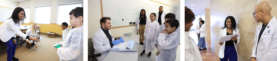 Three images of Human Medicine students interacting with children during the ROTY program