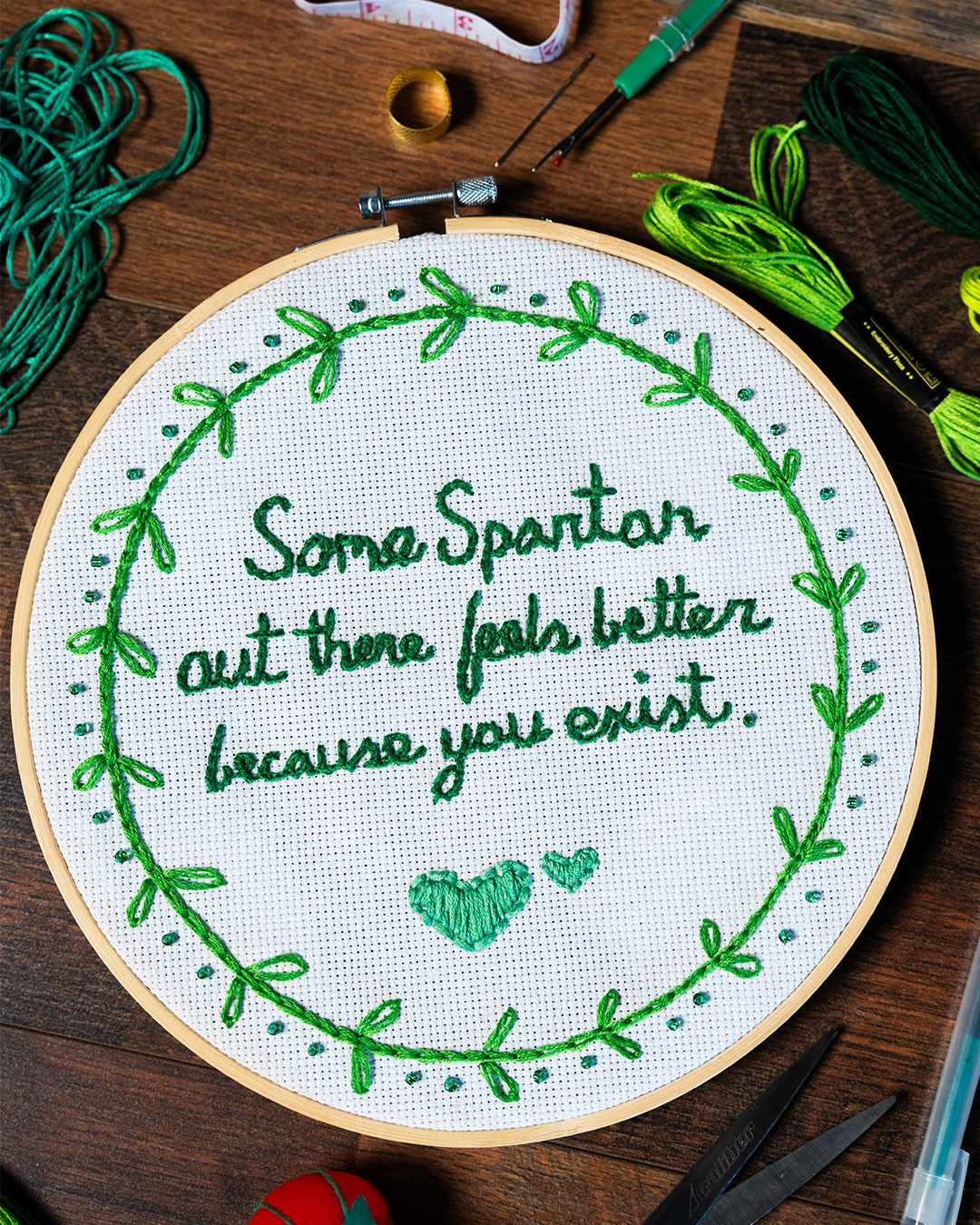 Embroidery hoop with stitched text: Some Spartan out there feels better because you exist