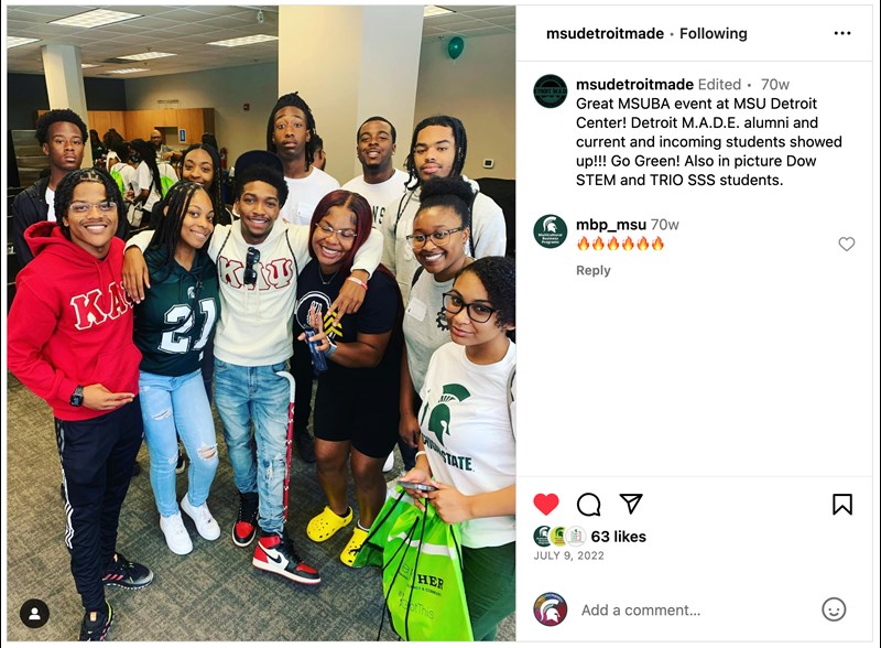 Detroit M.A.D.E. Instagram post featuring incoming and current students and alums