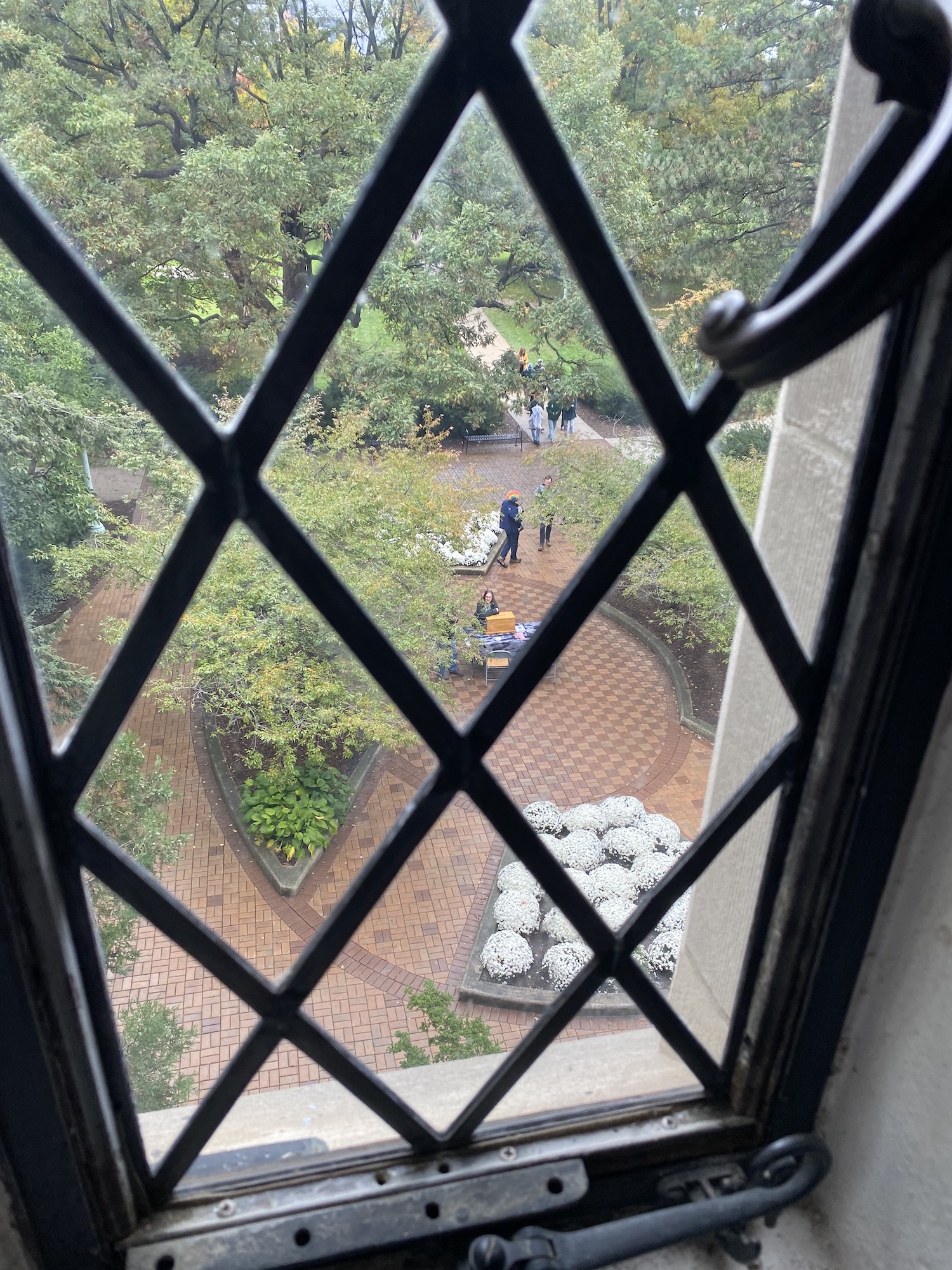 A view of a courtyard from inside Beaumont Tower