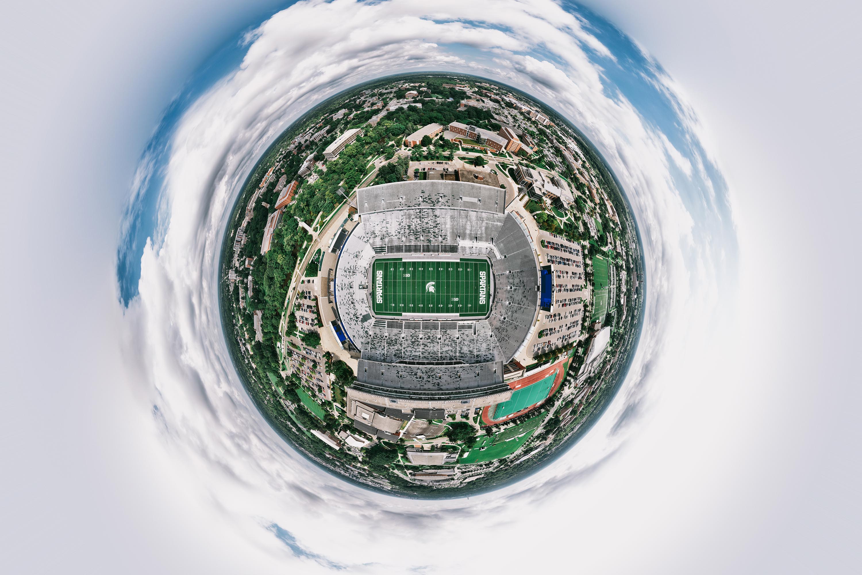 Drone photograph of Spartan Stadium, manipulated into the shape of a sphere