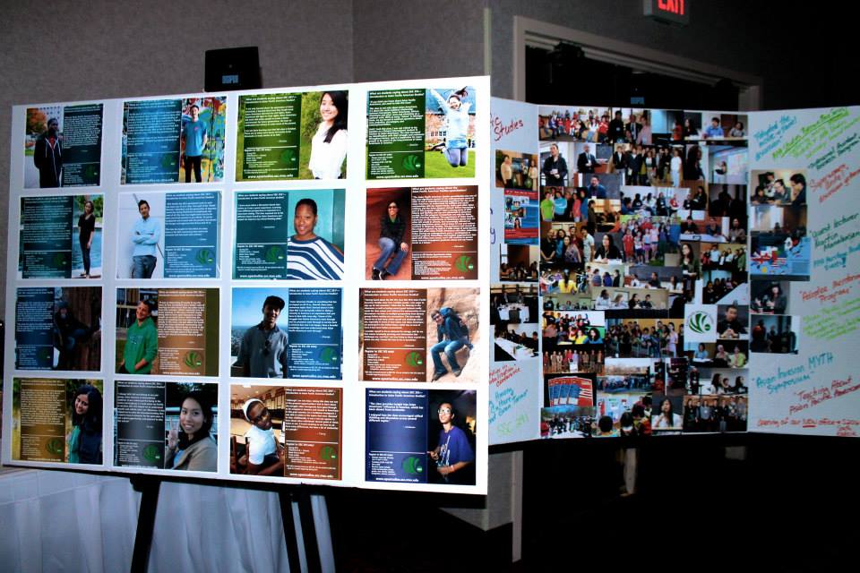 poster boards featuring photos and student testimonials at the 10-year anniversary celebration
