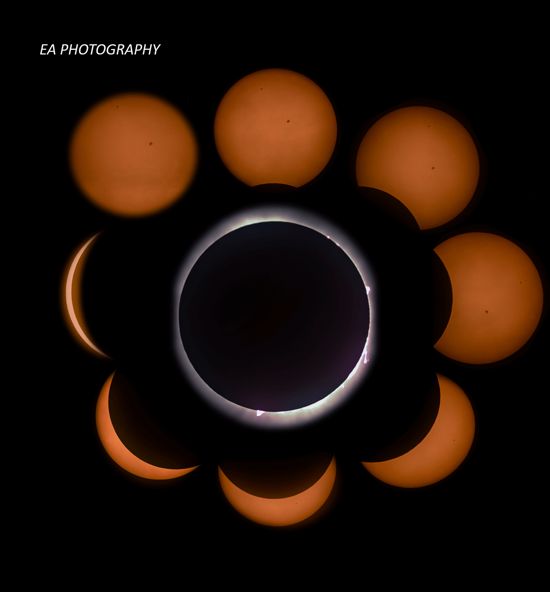 Different phases of the eclipse, starting with a sun that was unblocked by the moon.