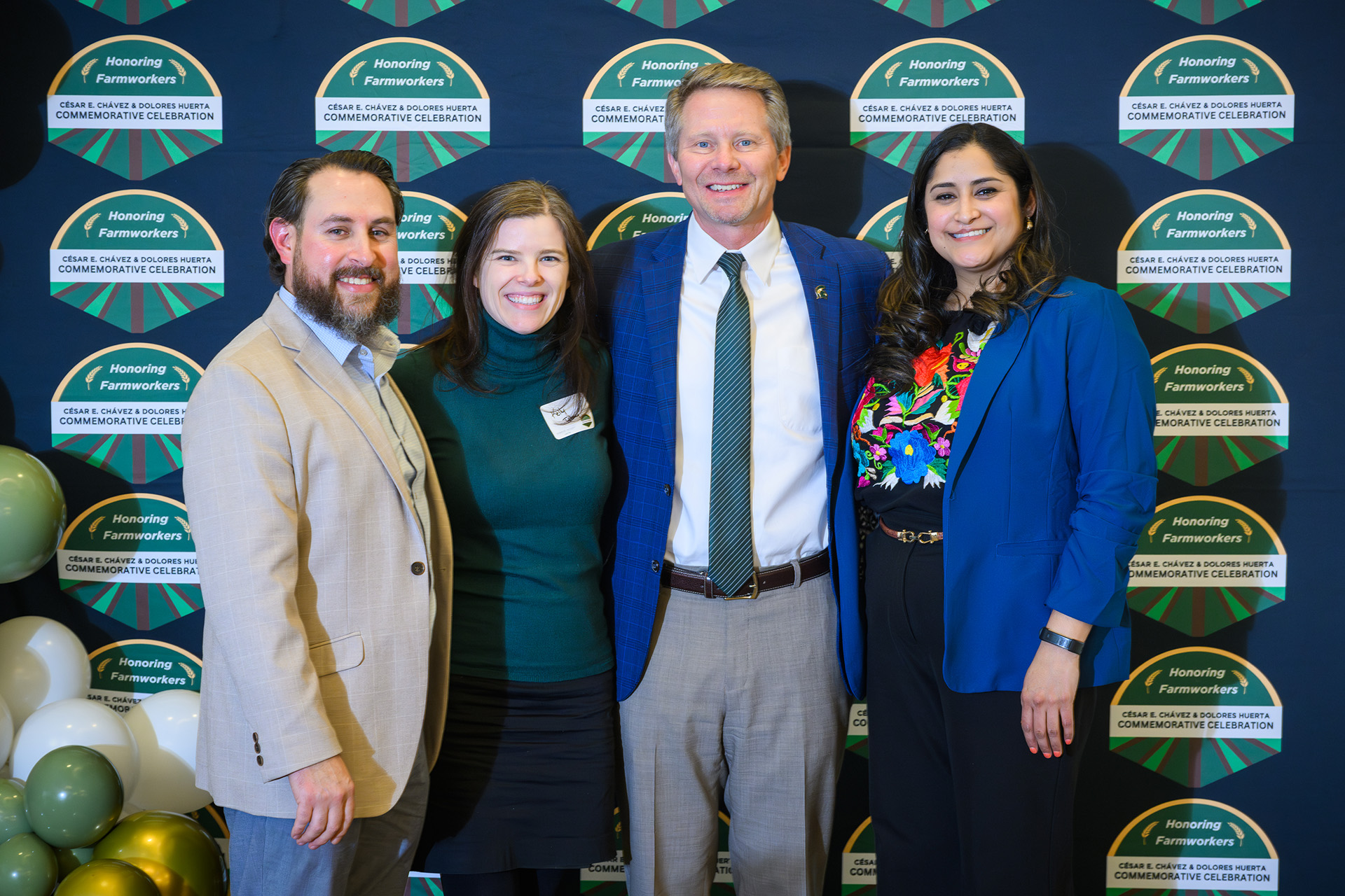 Cesar Chavez and Dolores Huerta committee co-chairs with Trustee Kelly Tebay and President Kevin Guskiewicz