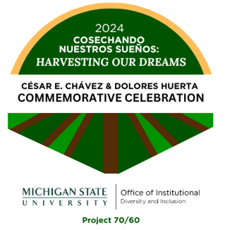 Graphic depiction of a field with text Cesar E Chavez & Dolores Huerta Commemorative Celebration
