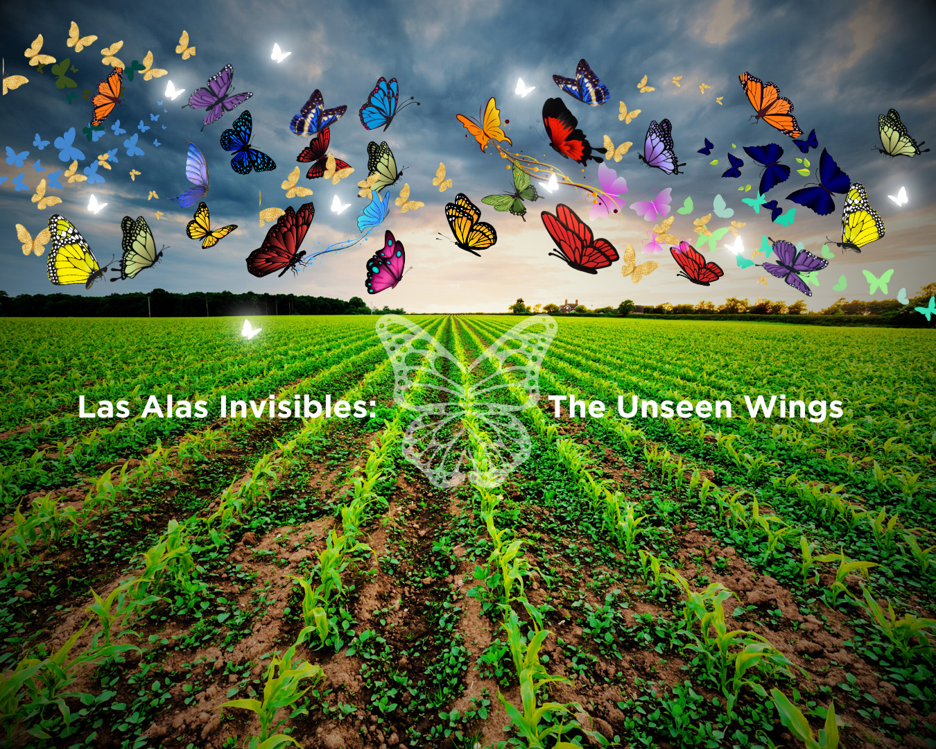 Photo image of a field with multi-colored monarch butterflies overhead with the text Las Alas Invisibles: The Unseen Wings