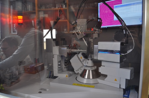At Michigan State’s Center for Crystallographic Research, the team will study diffraction patterns produced by iridium oxides under intense pressure and heat, research that will contribute to search for high temperature superconductors. Credit: Connor Yeck