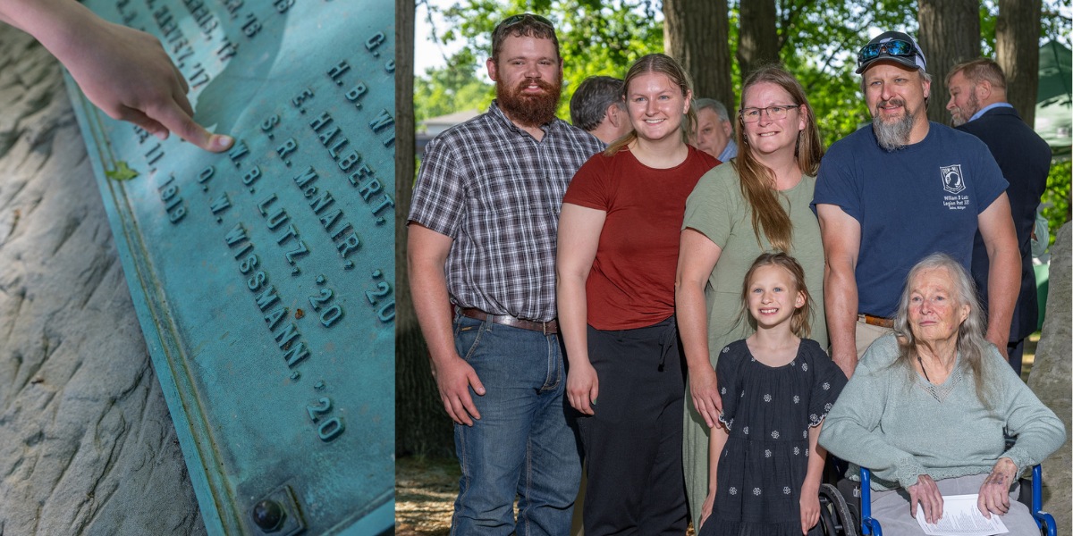 Combined image of the memorial plaque and a family group in attendance