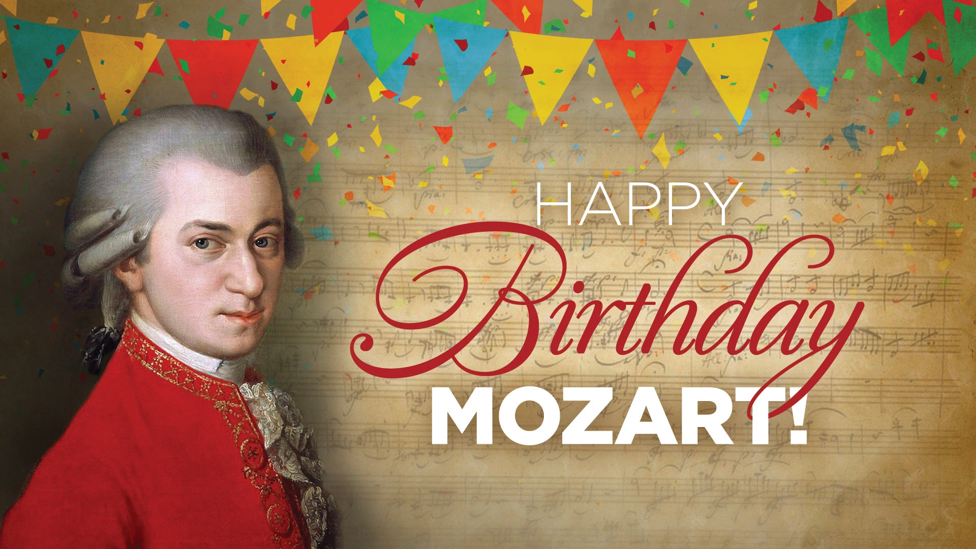 Illustration of Mozart with text that reads: Happy Birthday Mozart!