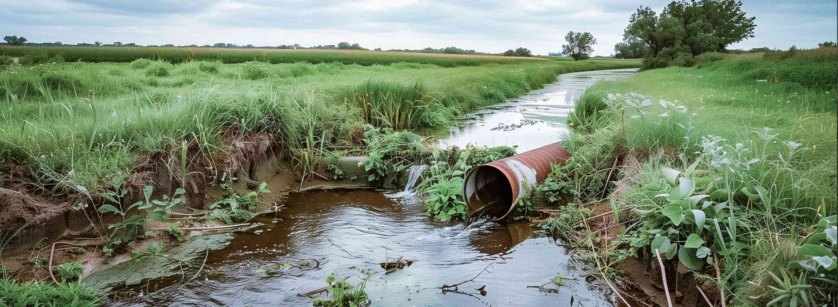Water runoff exits from a pipe in farm field