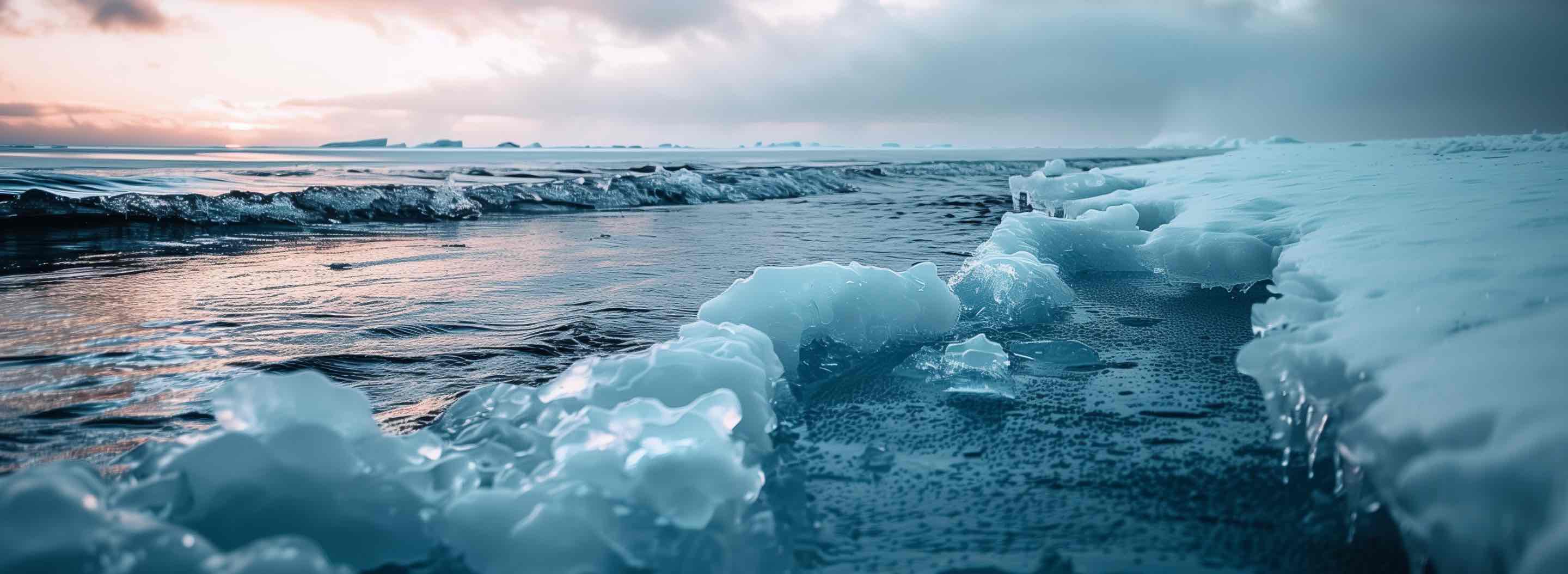 Panoramic view of a frozen landscape where ice formations meet the dark waters of a frigid lake, with a backdrop of a distant sunrise casting a gentle glow over the horizon, capturing the serene and stark beauty of a polar environment.