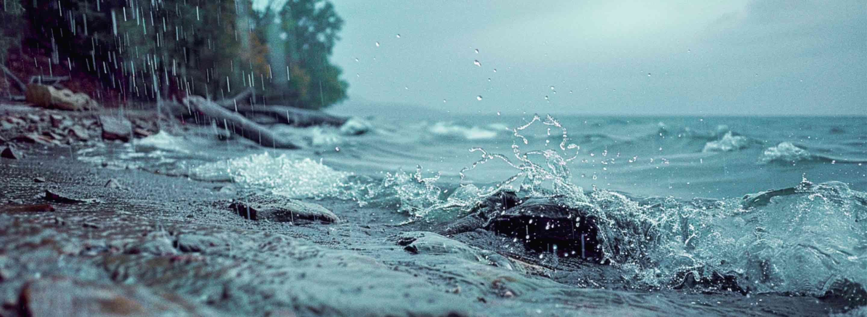Dynamic close-up of raindrops hitting the rocky shoreline with splashing waves, capturing the raw power of nature during a rainstorm by a lake, with the blurred backdrop of a dense forest.