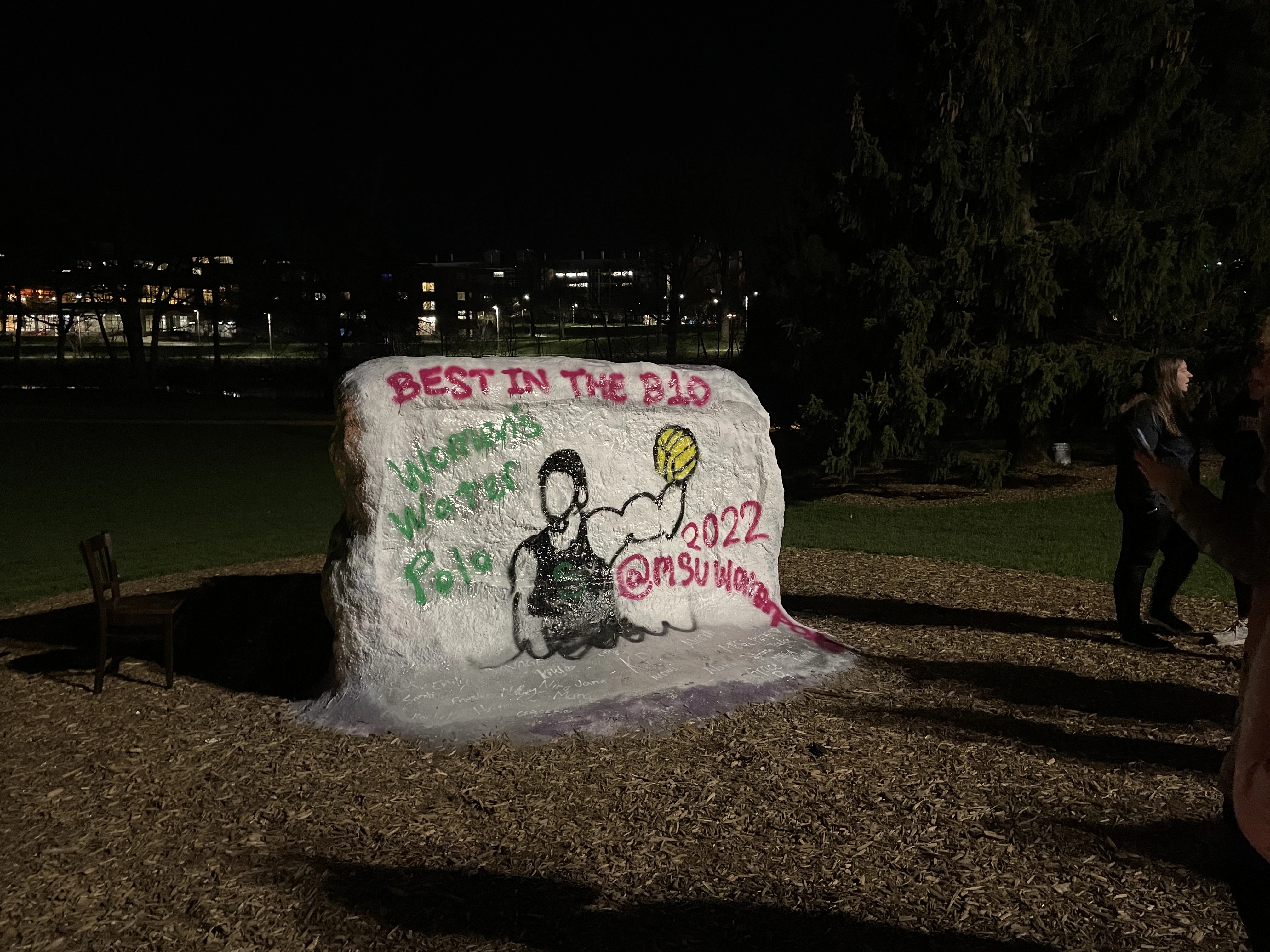 The Rock painted white with an image of a water polo player and text on top.