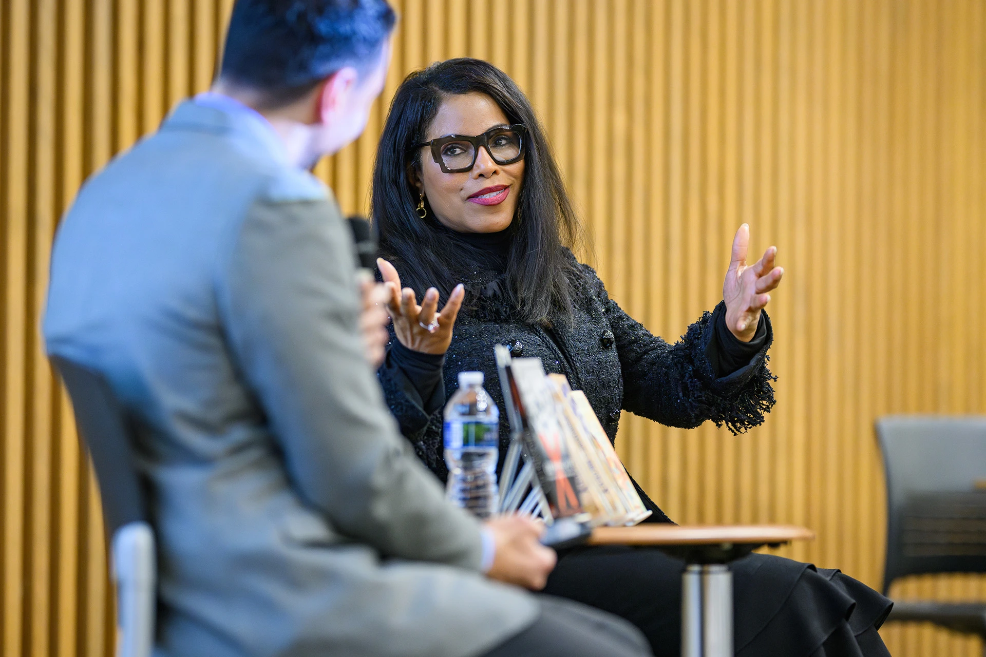 Ilyasah Shabazz in a seated discussion with Mohammad Khalil at the Muslim Studies Program forum