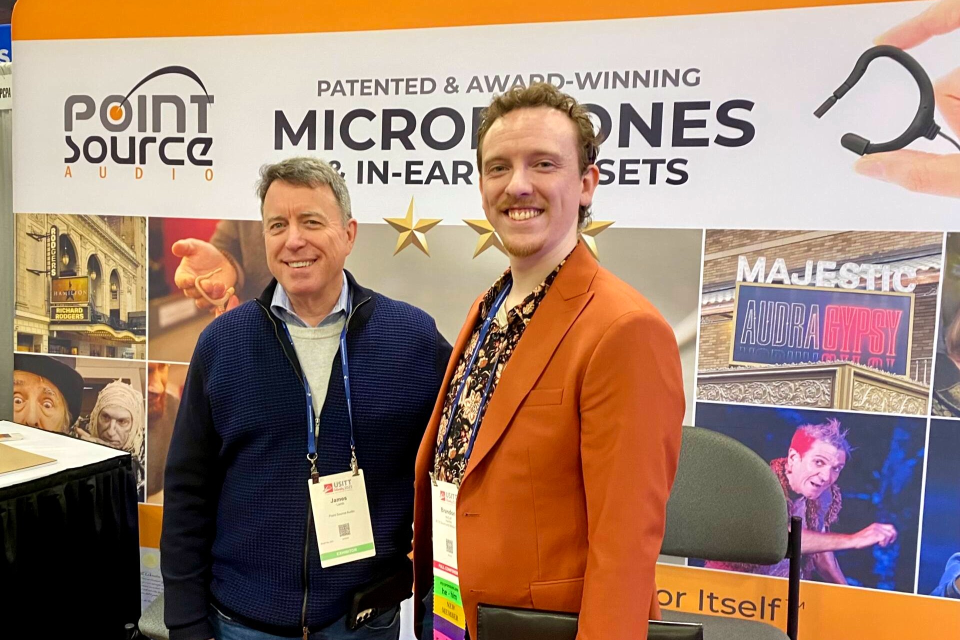 James Lamb (left) of Point Source Audio with Brandon McDuff (right) at the Point Source Audio booth at the 2025 United States Institute for Theatre Technology (USITT) Conference in Columbus, Ohio. (Photo courtesy of Point Source Audio)