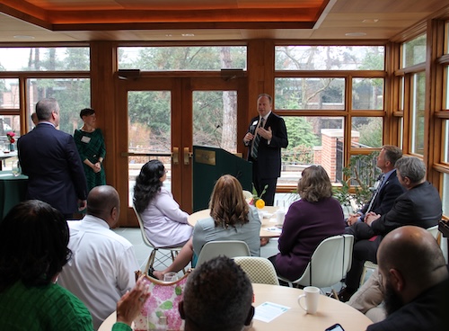 Mark Largent, vice provost and dean of Undergraduate Education, speaks to attendees at the March 20 Lansing cohort program launch event at Cowles House. 