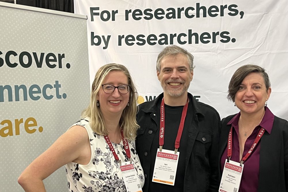 Pictured left to right are Knowledge Commons User Engagement Manager Larissa Babak, Python Developer Ian Scott, and Director Kathleen Fitzpatrick at the Educause Conference in 2024.
