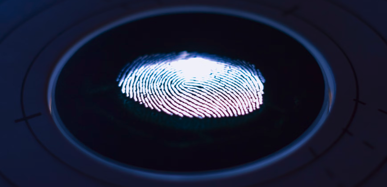 an image of a fingerprint that is luminescent with a blue circle around the fingerprint on a black background"